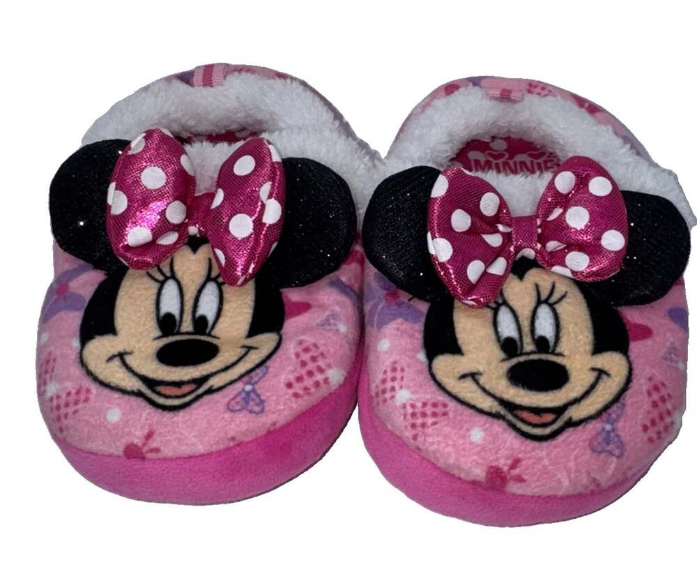 Disney Minnie Mouse Girls Slippers Pink Plush Size 9/10 Bow Slip On